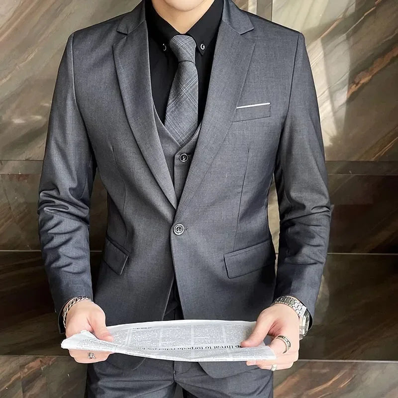 Suit (Blazer+ vest + trousers) Men's fashionable business solid-color wedding British-style workwear, casual performance suit