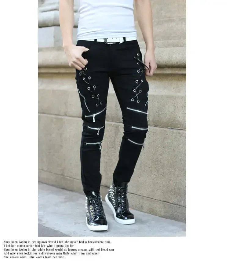 Men High Waist Fashion Jean Spring Summer Boyfriend Motorcycle Street Wear Skinny Casual Denim Pants Jeans Straight Trousers