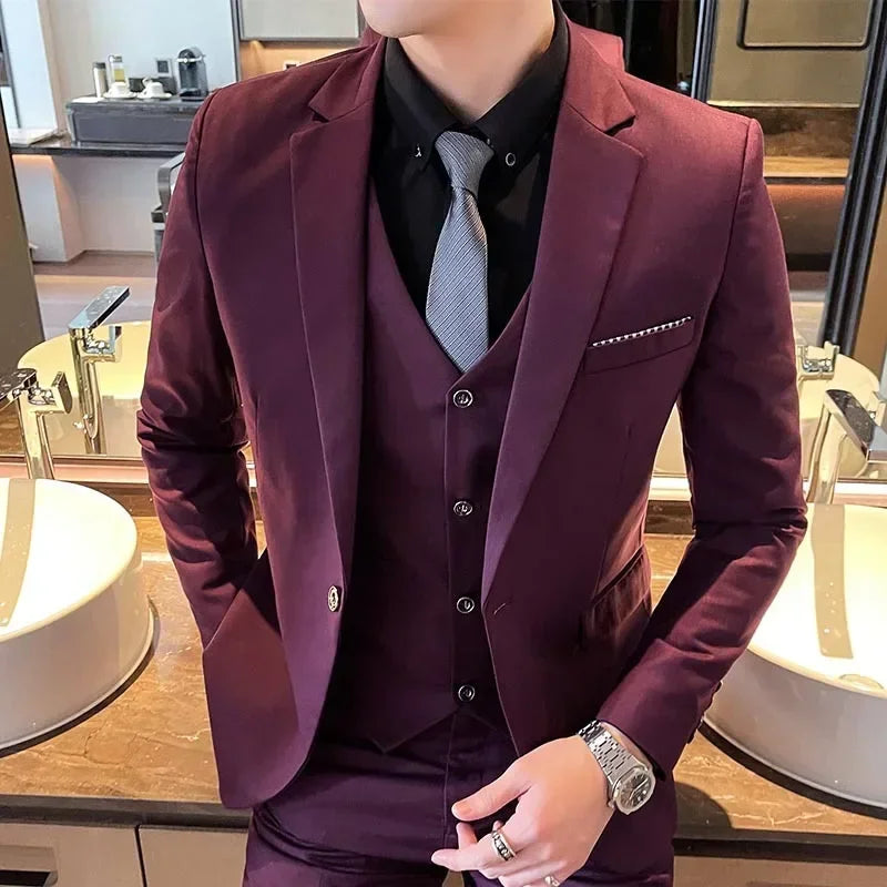 Suit (Blazer+ vest + trousers) Men's fashionable business solid-color wedding British-style workwear, casual performance suit