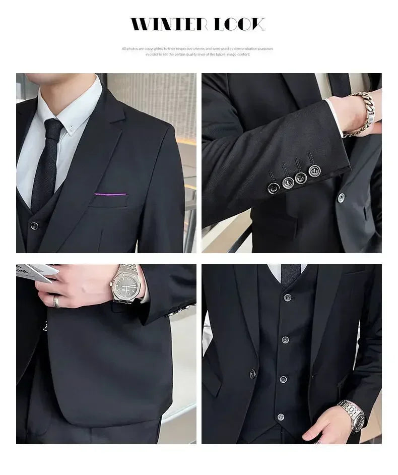 Suit (Blazer+ vest + trousers) Men's fashionable business solid-color wedding British-style workwear, casual performance suit