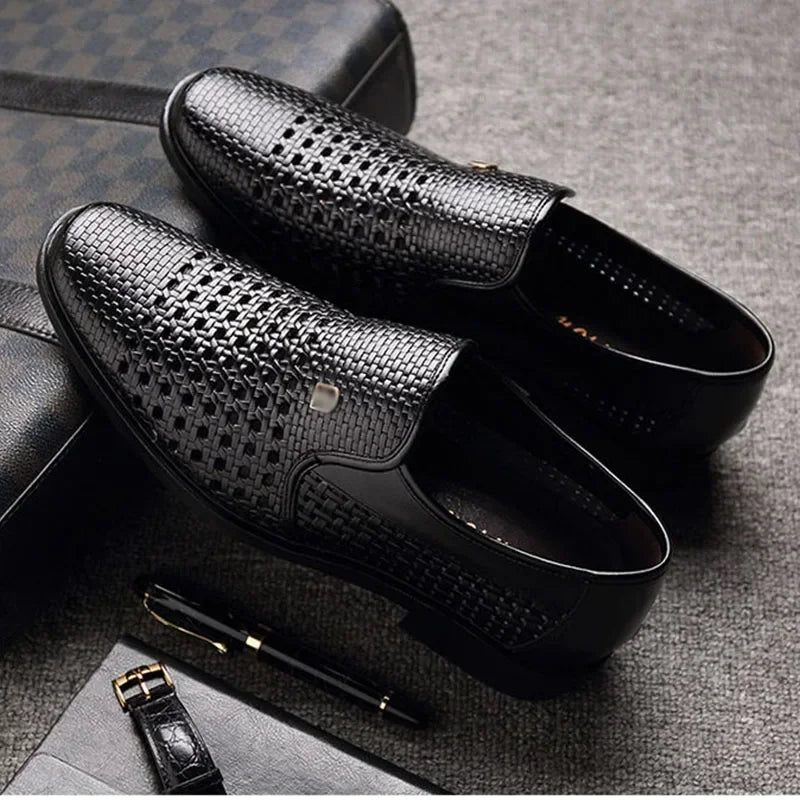 Men's Synthetic Leather Shoes Soft Sole Breathable Low Heeled Business Casual Shoes Hollow Out Dress Sandals Middle Aged