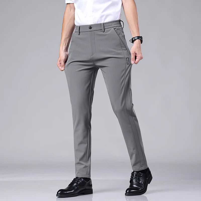 Ultra-thin Elastic Men's Casual Trousers Summer Quick-drying Ice Silk Slim Straight Business Solid Color Trousers Black Gray