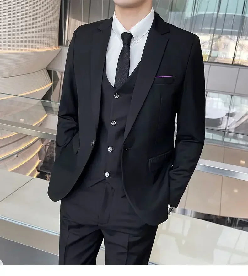 Suit (Blazer+ vest + trousers) Men's fashionable business solid-color wedding British-style workwear, casual performance suit