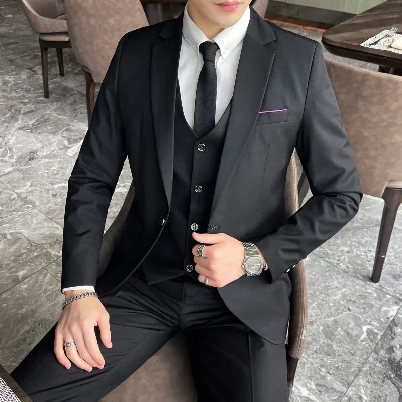 Suit (Blazer+ vest + trousers) Men's fashionable business solid-color wedding British-style workwear, casual performance suit