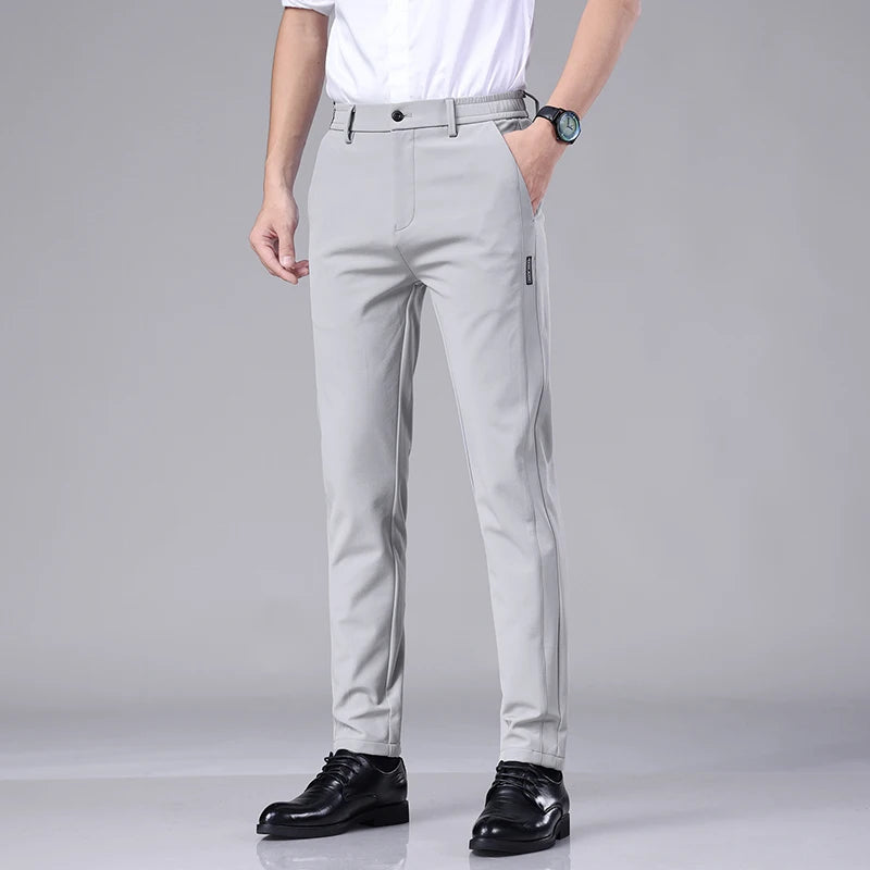 Ultra-thin Elastic Men's Casual Trousers Summer Quick-drying Ice Silk Slim Straight Business Solid Color Trousers Black Gray