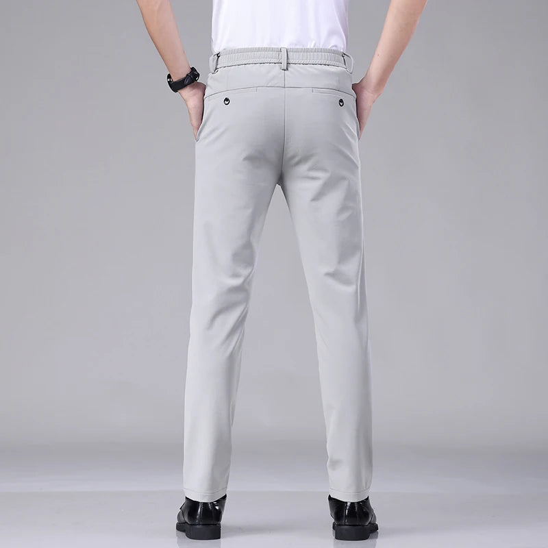 Ultra-thin Elastic Men's Casual Trousers Summer Quick-drying Ice Silk Slim Straight Business Solid Color Trousers Black Gray