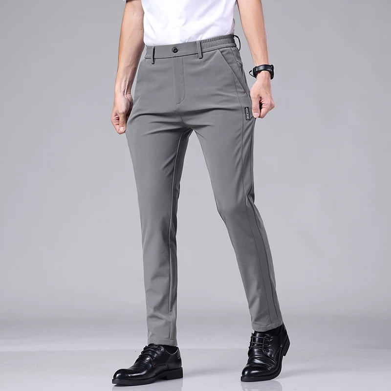 Ultra-thin Elastic Men's Casual Trousers Summer Quick-drying Ice Silk Slim Straight Business Solid Color Trousers Black Gray