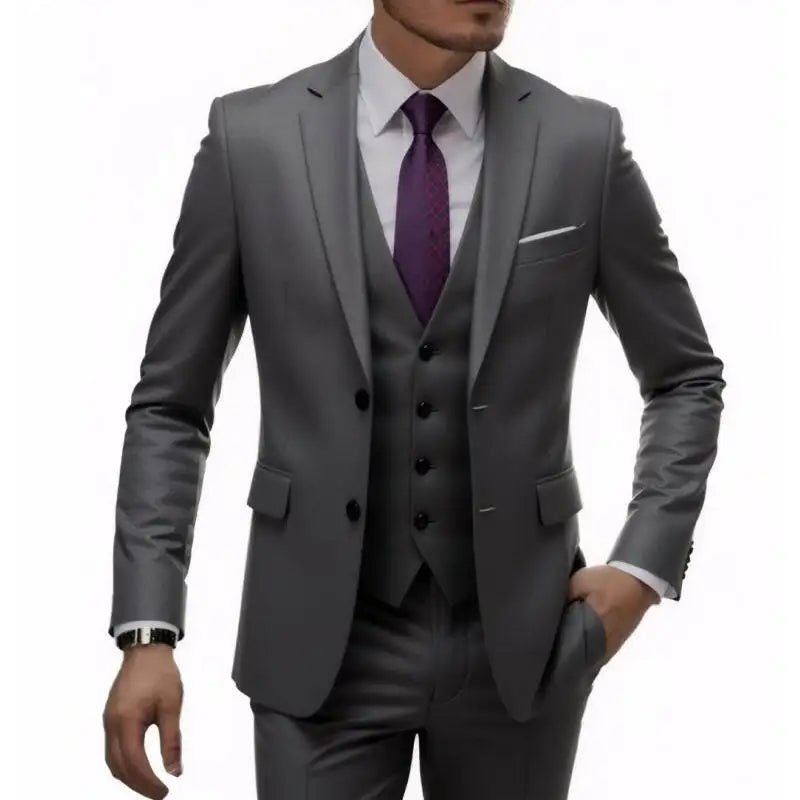 US Size Suit (Blazer+ Waistcoat + Trousers) Men Fashionable Business British Style Solid-color Banquet Host Casual Wedding Suit