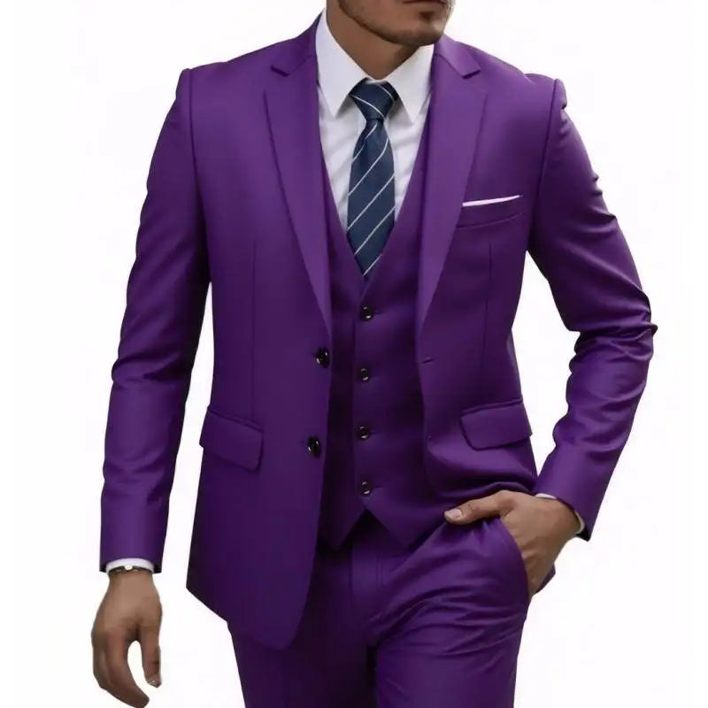 US Size Suit (Blazer+ Waistcoat + Trousers) Men Fashionable Business British Style Solid-color Banquet Host Casual Wedding Suit