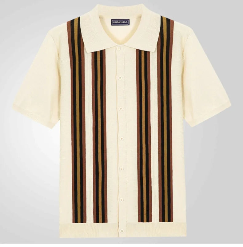 Men Striped Polo Shirts Single Breasted Tees Cardigan Knitted Short Sleeve Shirt Business Loose Tops Summer 2025 Buttons