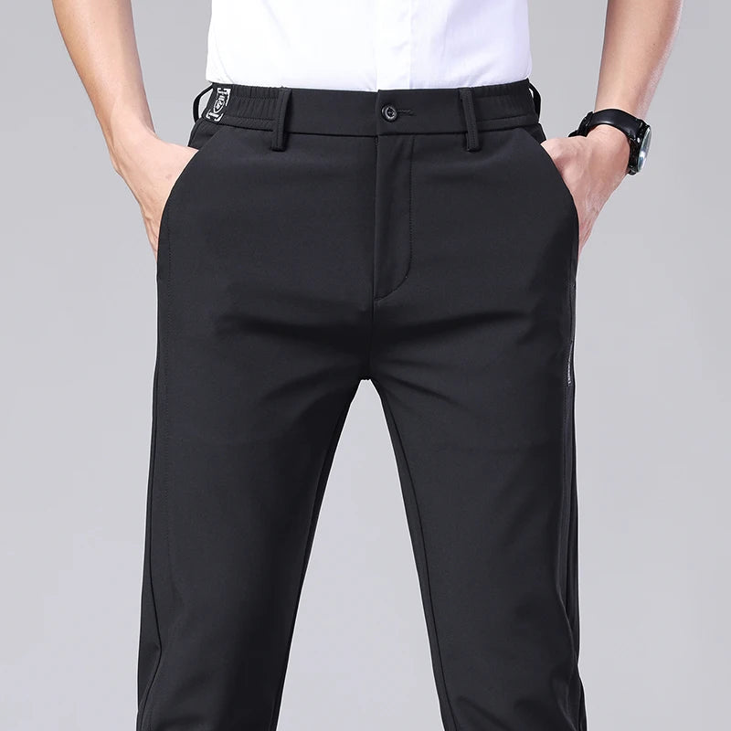 Ultra-thin Elastic Men's Casual Trousers Summer Quick-drying Ice Silk Slim Straight Business Solid Color Trousers Black Gray