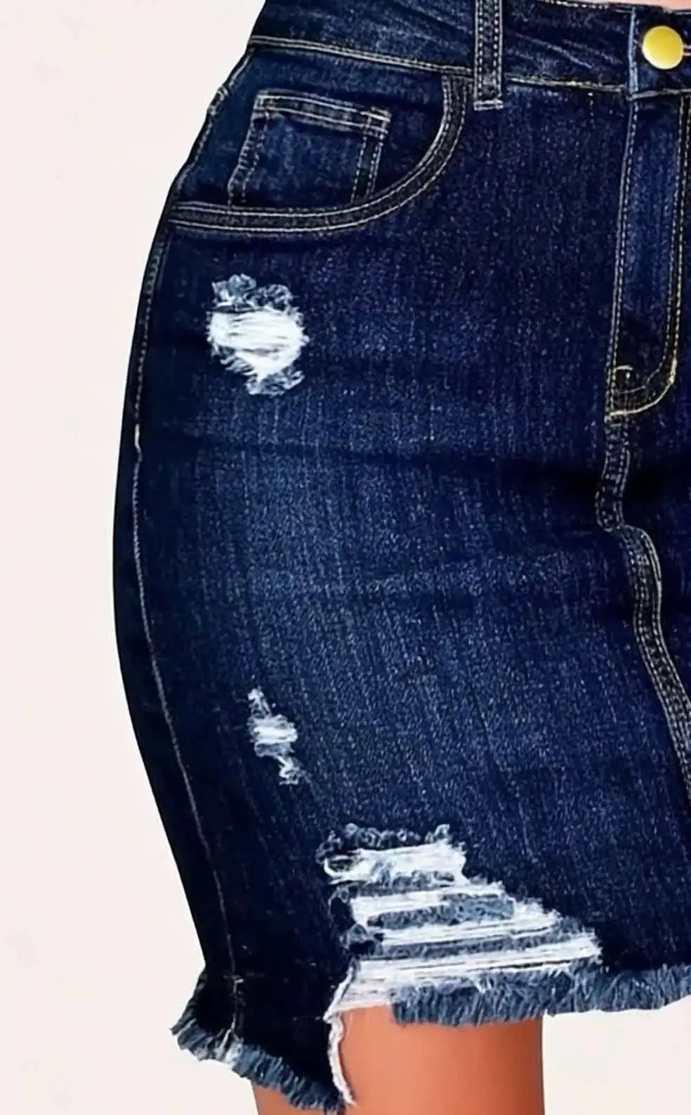 Dark Blue Ripped, Frayed-Edge, Bodycon Denim Skirt