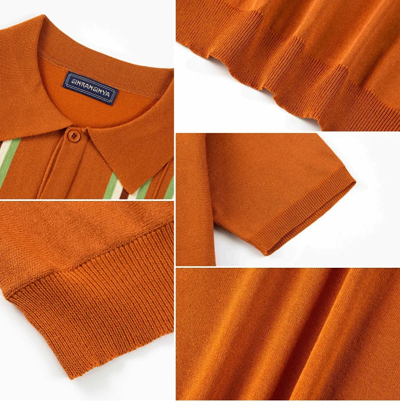 Men Striped Polo Shirts Single Breasted Tees Cardigan Knitted Short Sleeve Shirt Business Loose Tops Summer 2025 Buttons