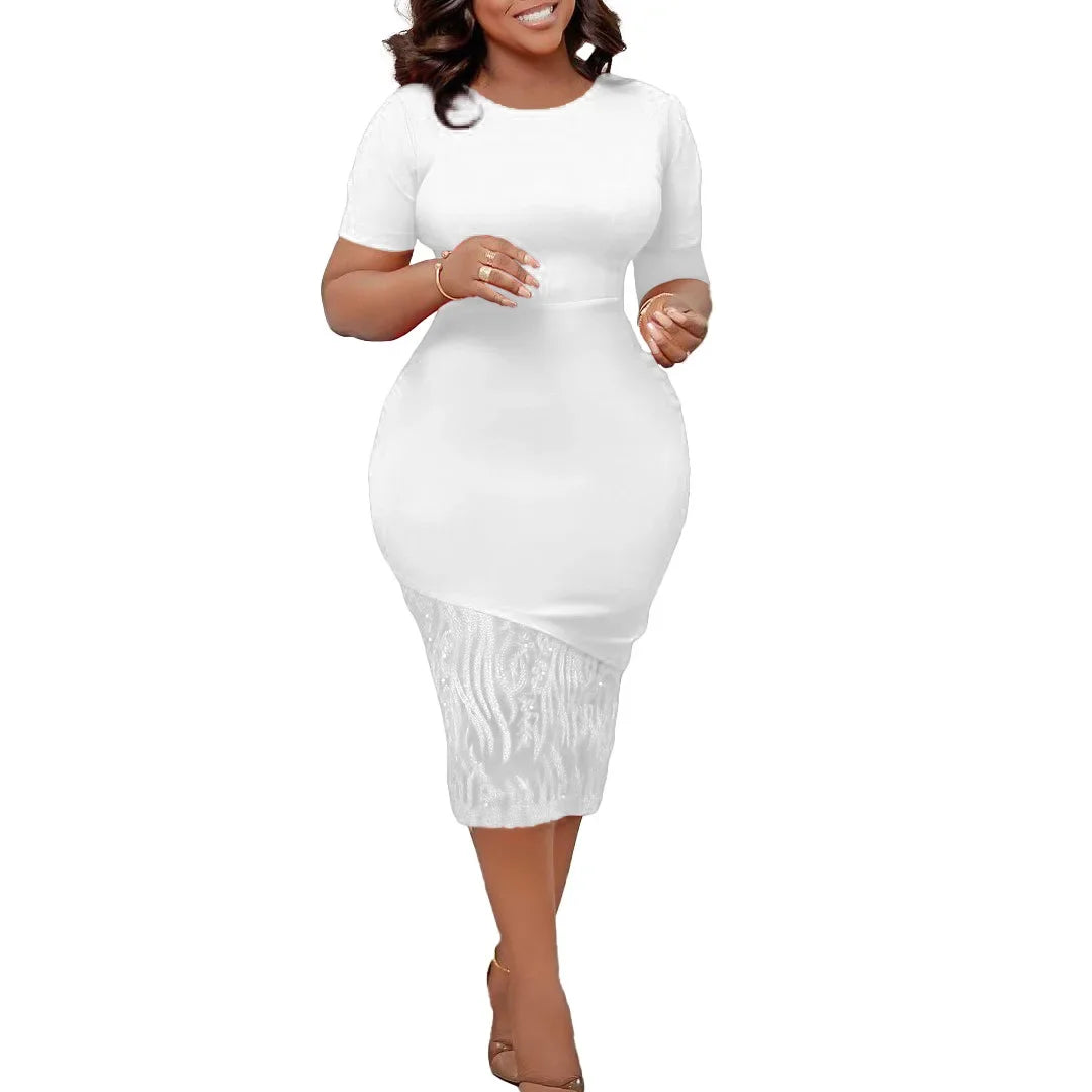 African Dresses For Women Dashiki Summer O Neck Sexy Lace Short Sleeve Vestidos Fashion Casual Female Midi Pencil Dress 2023