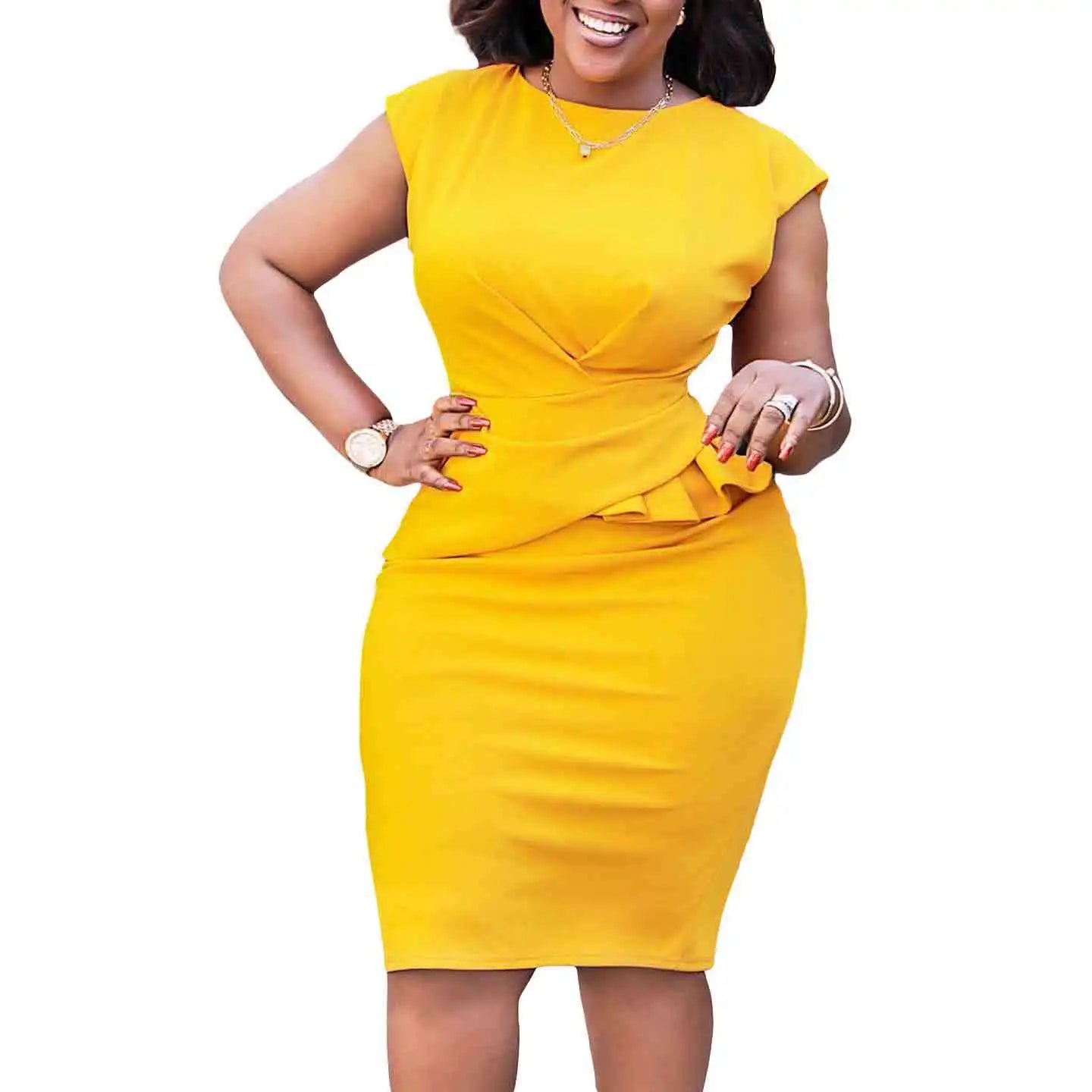 Elegant African Dresses for Women Summer African Short Sleeve Polyester Pink Green Yellow Knee-length Dress African Clothes