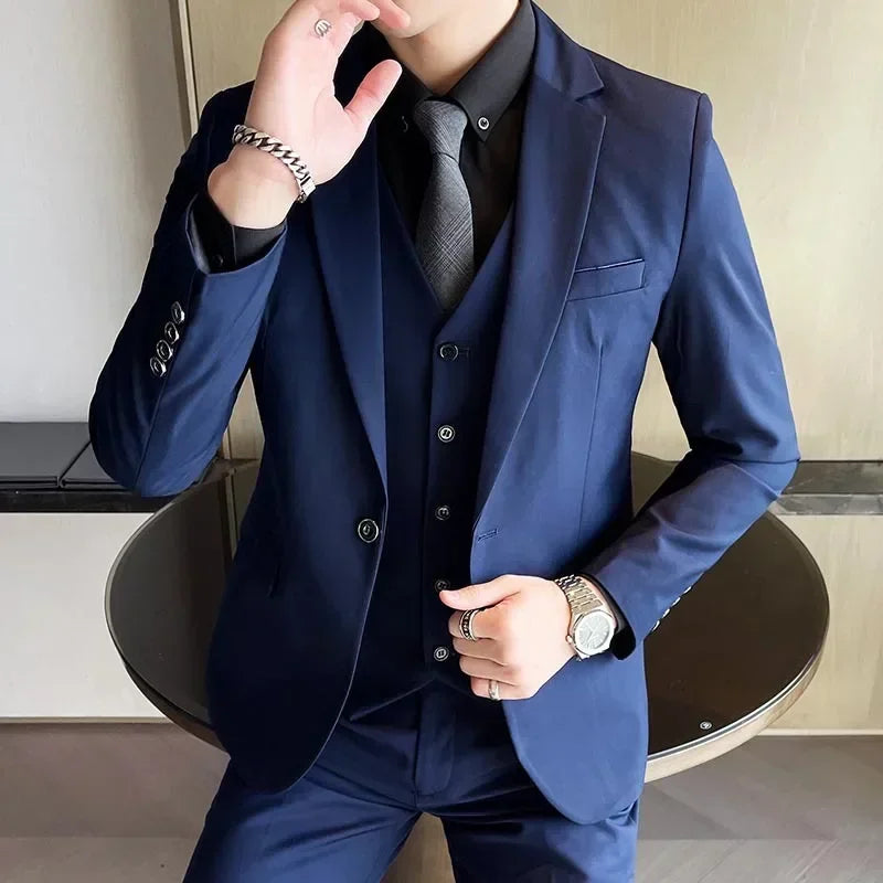 Suit (Blazer+ vest + trousers) Men's fashionable business solid-color wedding British-style workwear, casual performance suit