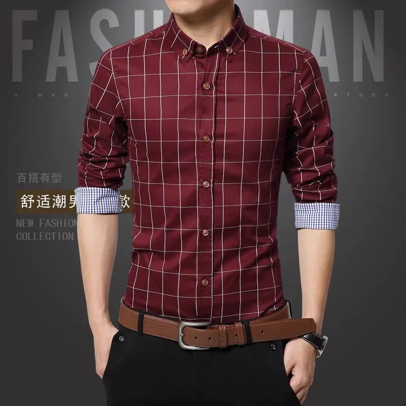 Spring Men Long-sleeved Cotton Shirts, Single-breasted Lapel Shirt, Blue Green Burgundy Khaki Gray White Optional, Asian Size