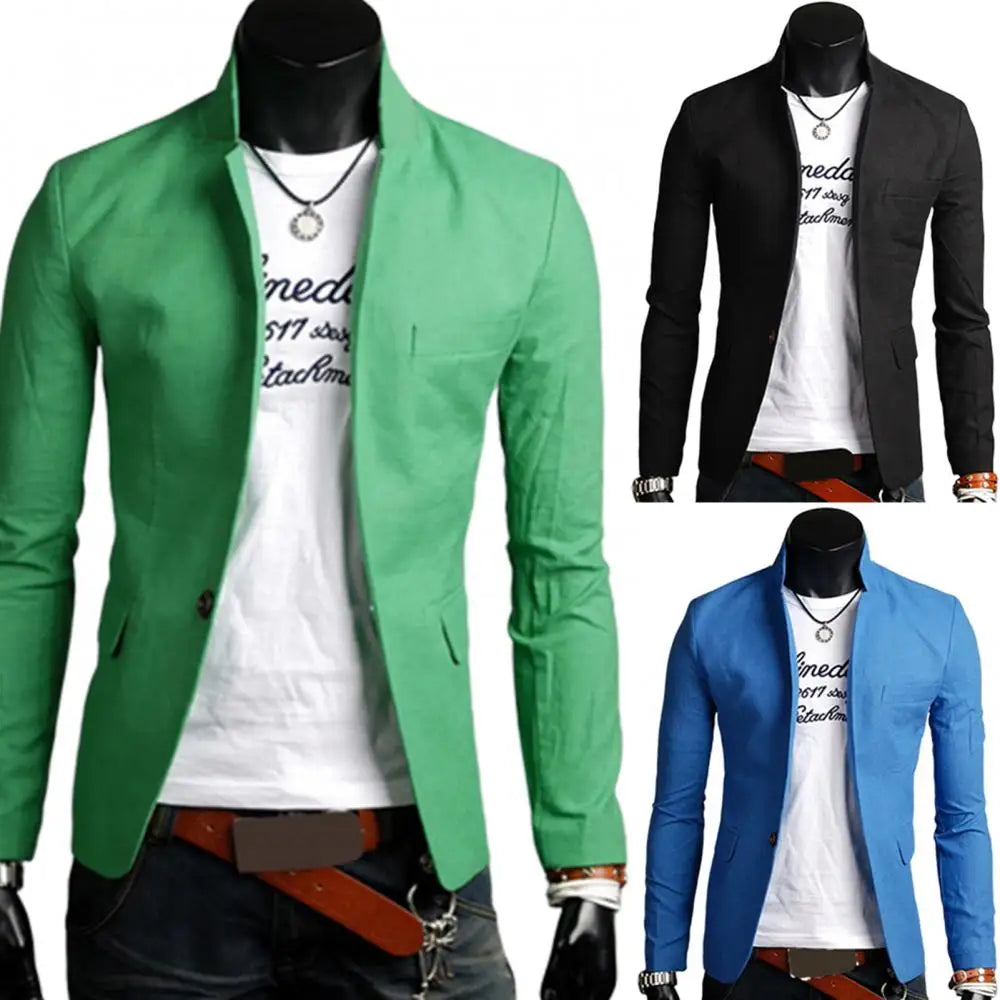 Business Autumn Pockets Men Coat Solid Color Lapel Collar Button Decor Business Blazer