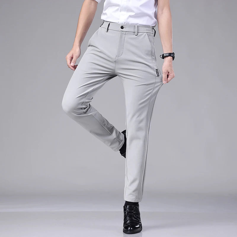 Ultra-thin Elastic Men's Casual Trousers Summer Quick-drying Ice Silk Slim Straight Business Solid Color Trousers Black Gray