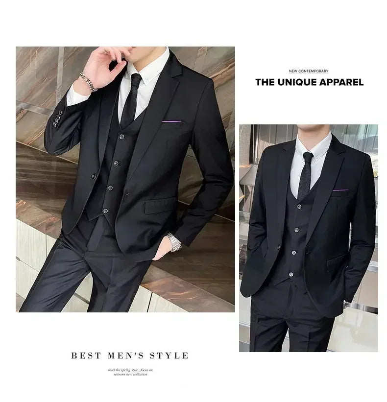 Suit (Blazer+ vest + trousers) Men's fashionable business solid-color wedding British-style workwear, casual performance suit