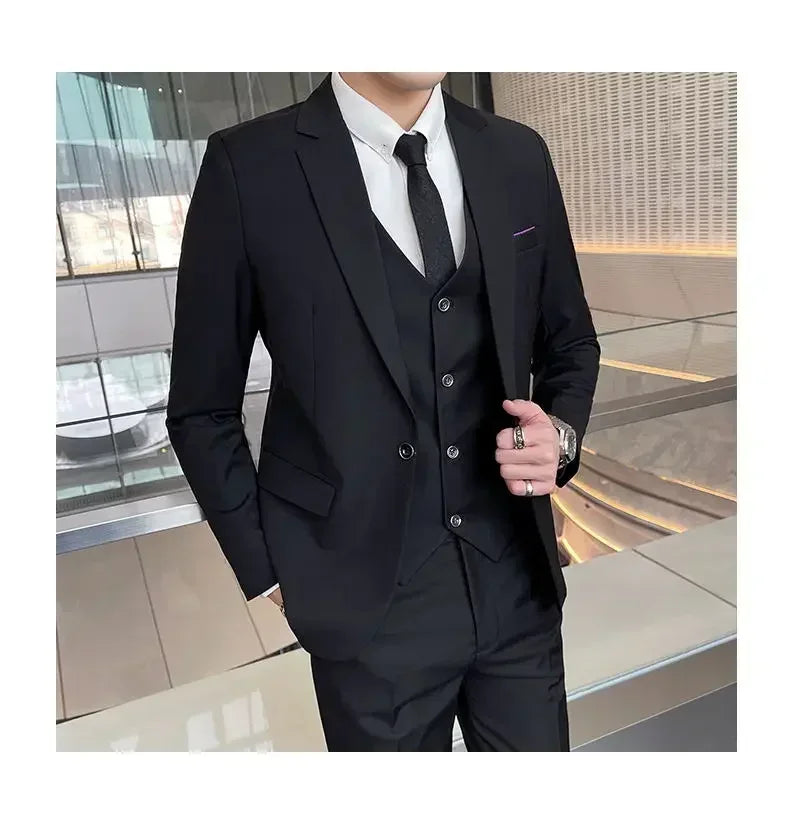 Suit (Blazer+ vest + trousers) Men's fashionable business solid-color wedding British-style workwear, casual performance suit