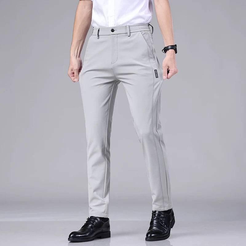 Ultra-thin Elastic Men's Casual Trousers Summer Quick-drying Ice Silk Slim Straight Business Solid Color Trousers Black Gray