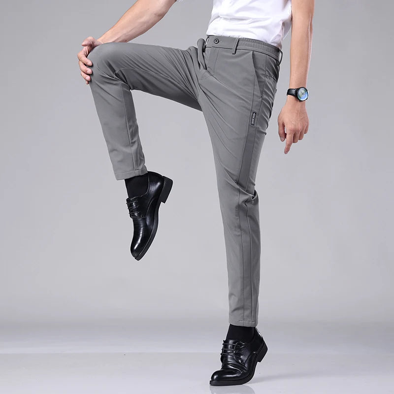 Ultra-thin Elastic Men's Casual Trousers Summer Quick-drying Ice Silk Slim Straight Business Solid Color Trousers Black Gray