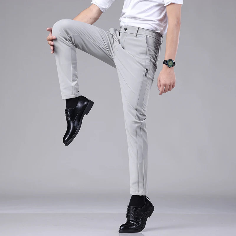 Ultra-thin Elastic Men's Casual Trousers Summer Quick-drying Ice Silk Slim Straight Business Solid Color Trousers Black Gray