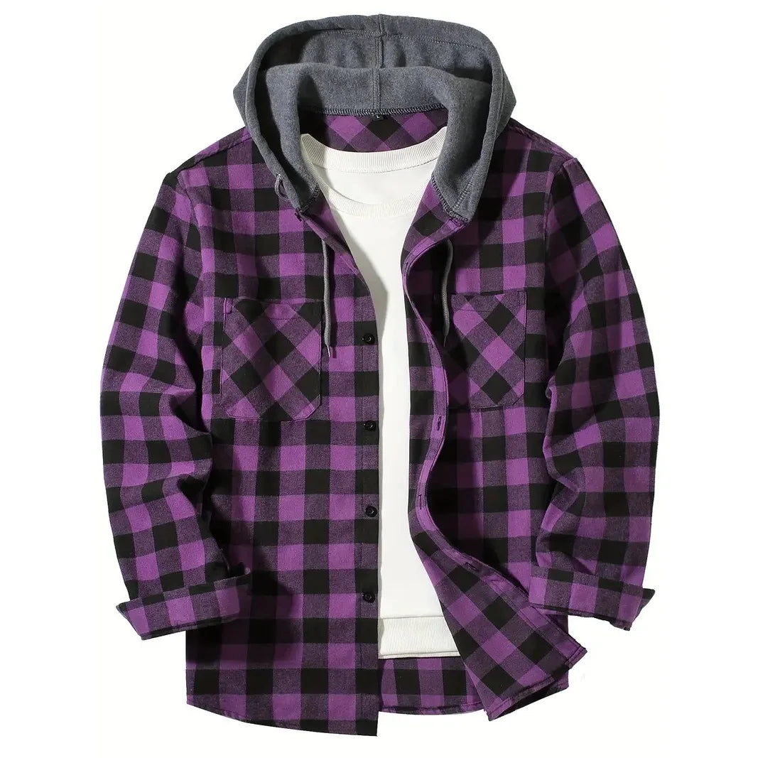 Men's Classic Plaid Button-Down Hoodie Shirt