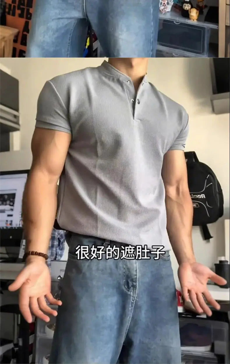 Short-sleeved T-shirt for Men Summer American-style Sports Fitness Regular Shoulder Muscle-revealing Three-quarter Sleeve
