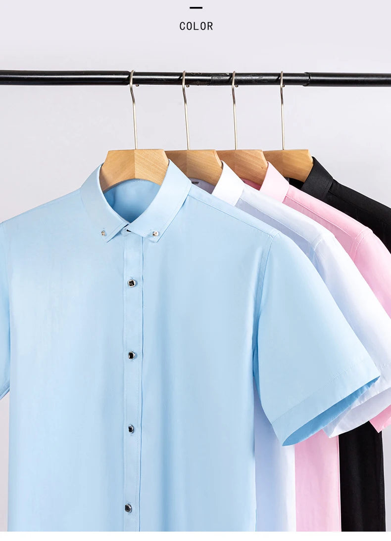 Hot Sale Men's Dress Shirt Formal Thin Business Classic Basic Diamond Button Social White Shirt Short Sleeve Men Clothing