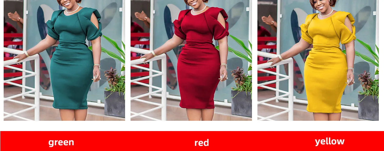 Yellow Red Green Polyester African Dresses for Women Summer African Women O-neck Short Sleeve Knee-length Dress African Clothes