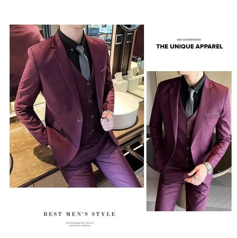 Suit (Blazer+ vest + trousers) Men's fashionable business solid-color wedding British-style workwear, casual performance suit
