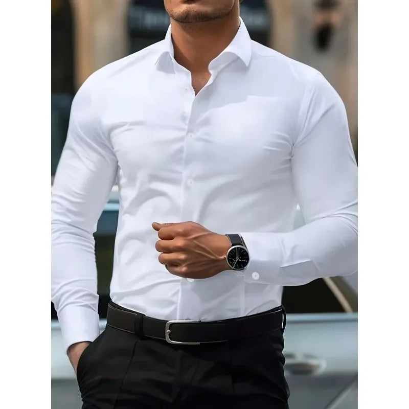 Bolubao Men Smart Casual White Shirt Brand Fashion Solid Color Long Sleeve Elastic Male Business Dress Shirt
