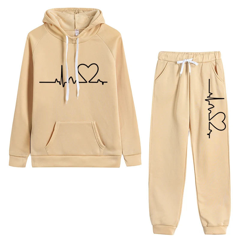 Womens Tracksuit Heart Printing Hooded Sweatshirts Suit Gym Jogging Clothing Autumn Winter Fleece Warm Popular Casual Pants Sets