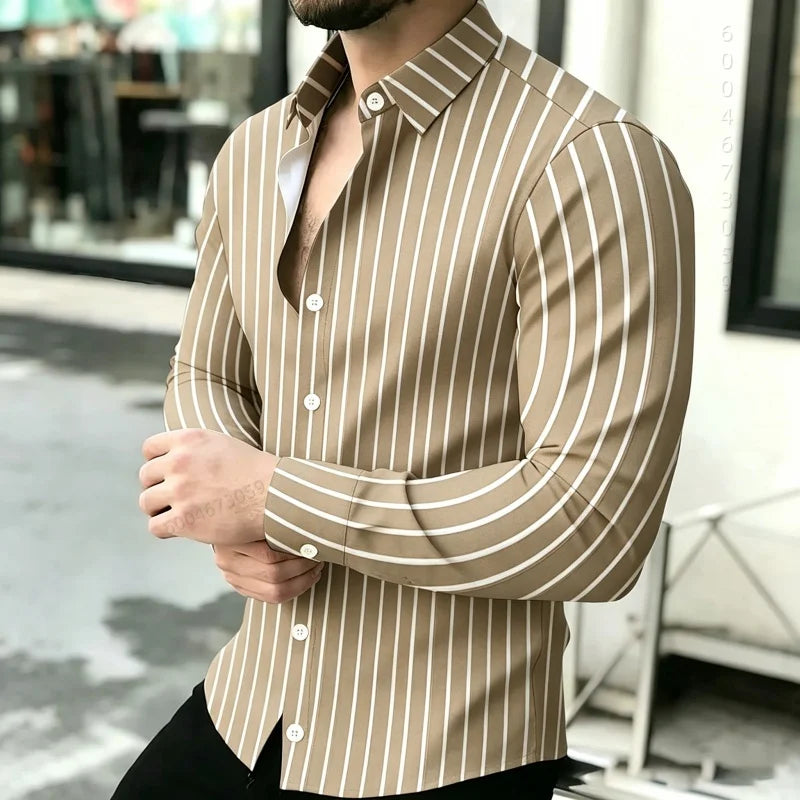 2026 Hot Selling Light Luxury Men's Shirt Striped Shirt Blue and White Vertical Striped Shirt Casual Outdoor Men's Shirt