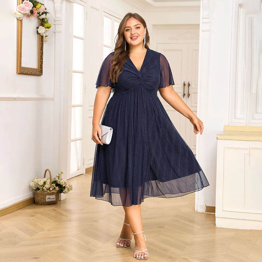 Plus Size Women's V-Neck Solid Dresses Elegant Evening Party Dress Prom Female Large Size Bridesmaid Dresses 2XL 3XL 4XL 5XL 6XL