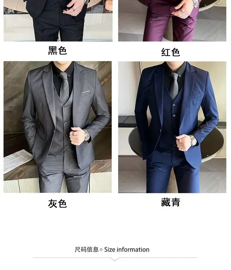 Suit (Blazer+ vest + trousers) Men's fashionable business solid-color wedding British-style workwear, casual performance suit