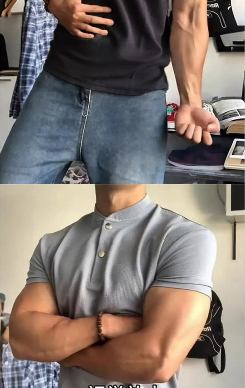 Short-sleeved T-shirt for Men Summer American-style Sports Fitness Regular Shoulder Muscle-revealing Three-quarter Sleeve
