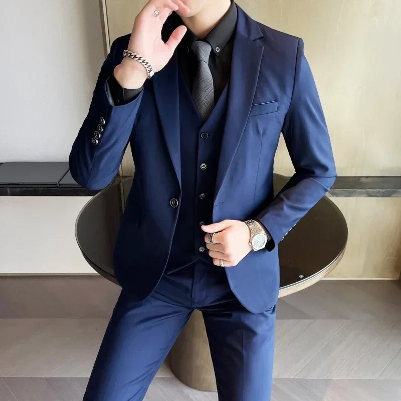 Suit (Blazer+ vest + trousers) Men's fashionable business solid-color wedding British-style workwear, casual performance suit
