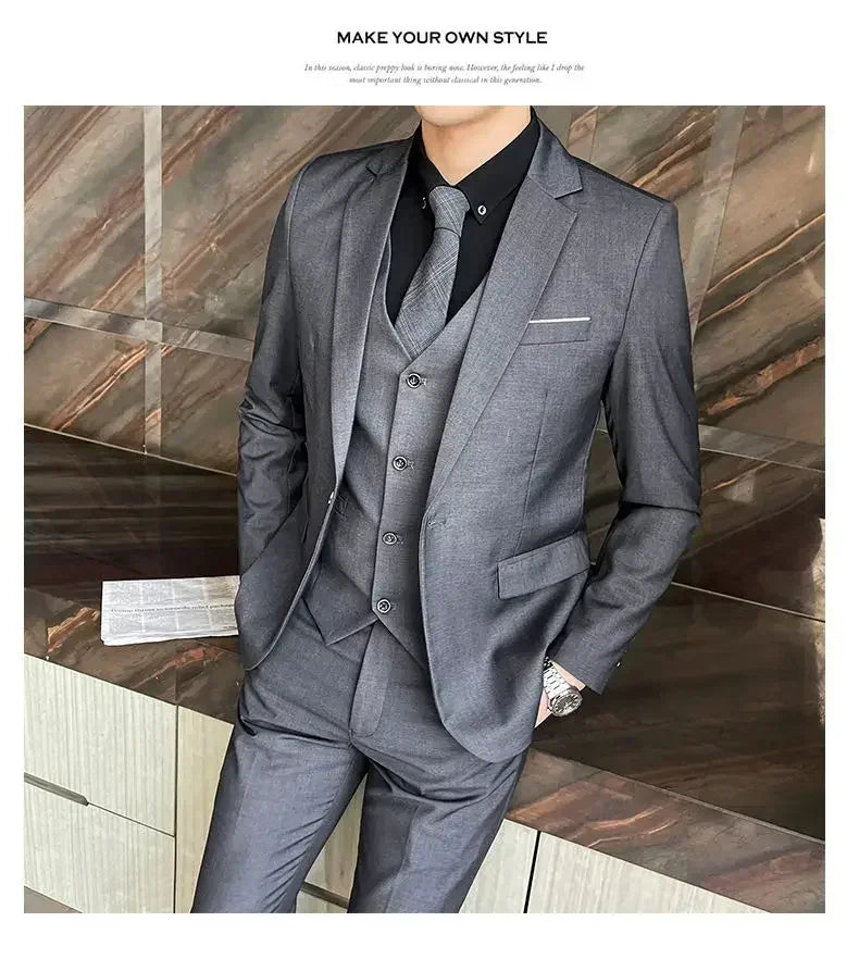 Suit (Blazer+ vest + trousers) Men's fashionable business solid-color wedding British-style workwear, casual performance suit