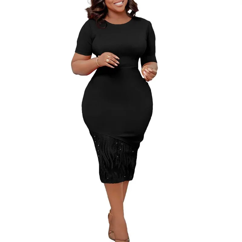 African Dresses For Women Dashiki Summer O Neck Sexy Lace Short Sleeve Vestidos Fashion Casual Female Midi Pencil Dress 2023