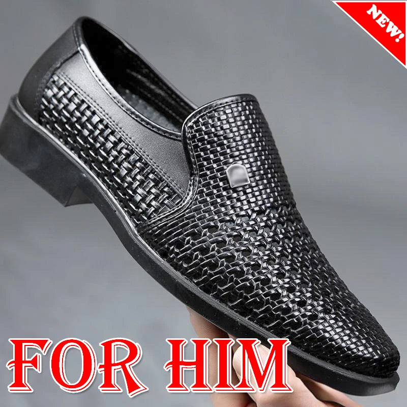 Men's Synthetic Leather Shoes Soft Sole Breathable Low Heeled Business Casual Shoes Hollow Out Dress Sandals Middle Aged