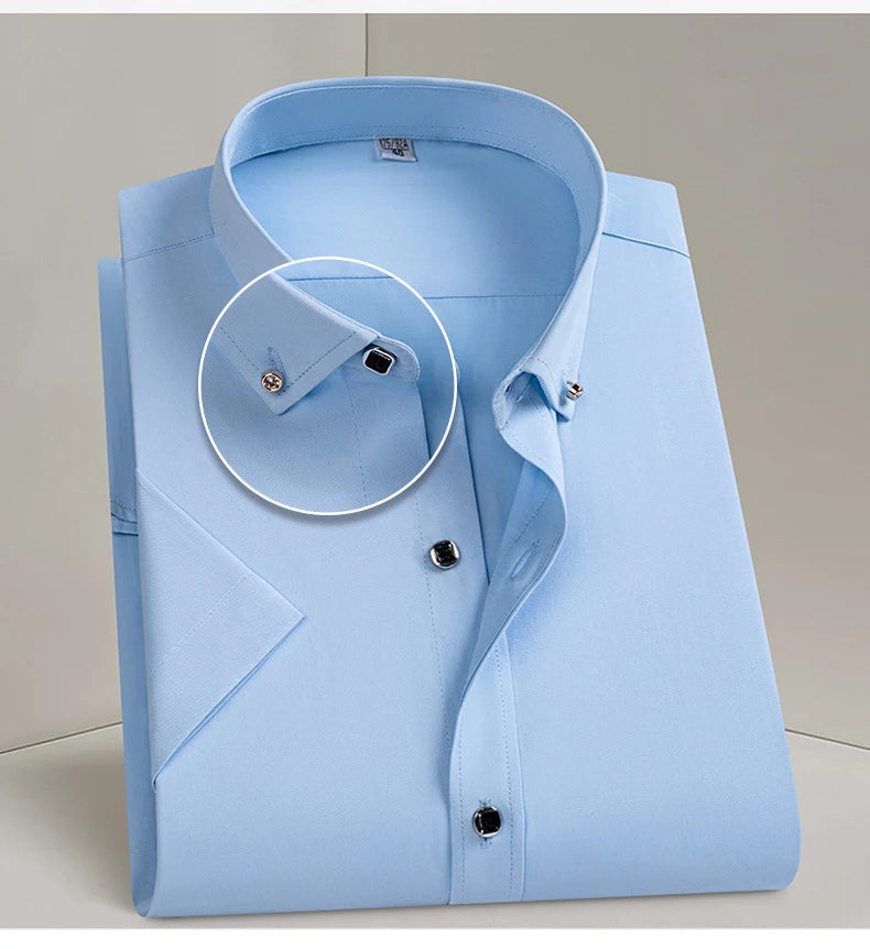 Hot Sale Men's Dress Shirt Formal Thin Business Classic Basic Diamond Button Social White Shirt Short Sleeve Men Clothing