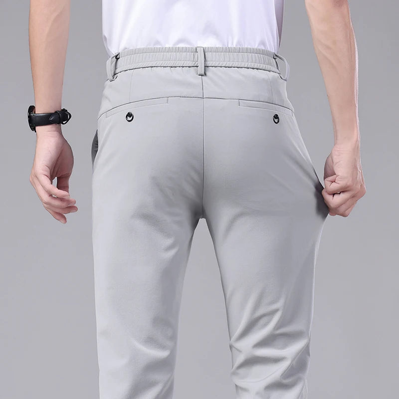 Ultra-thin Elastic Men's Casual Trousers Summer Quick-drying Ice Silk Slim Straight Business Solid Color Trousers Black Gray