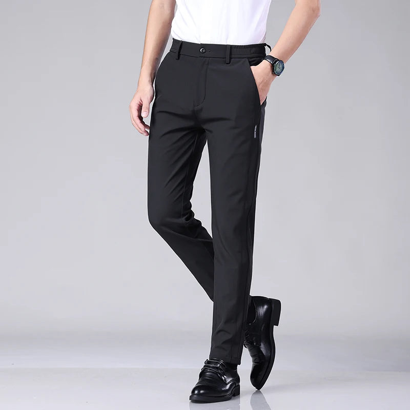 Ultra-thin Elastic Men's Casual Trousers Summer Quick-drying Ice Silk Slim Straight Business Solid Color Trousers Black Gray