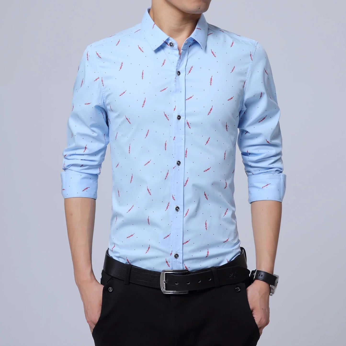 Spring Men Long-sleeved Cotton Shirts, Single-breasted Lapel Shirt, Blue Green Burgundy Khaki Gray White Optional, Asian Size