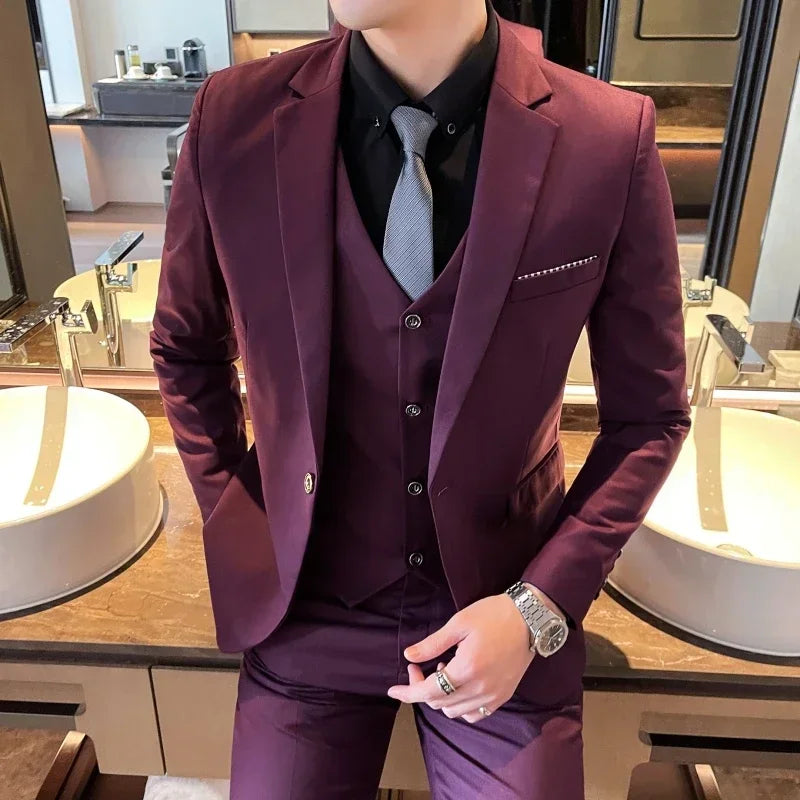 Suit (Blazer+ vest + trousers) Men's fashionable business solid-color wedding British-style workwear, casual performance suit