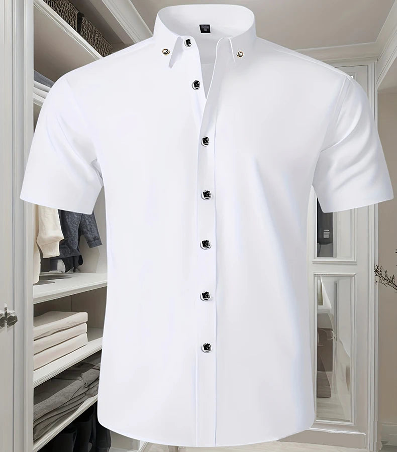 Hot Sale Men's Dress Shirt Formal Thin Business Classic Basic Diamond Button Social White Shirt Short Sleeve Men Clothing