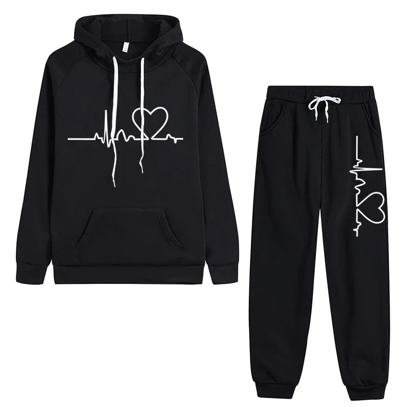 Womens Tracksuit Heart Printing Hooded Sweatshirts Suit Gym Jogging Clothing Autumn Winter Fleece Warm Popular Casual Pants Sets